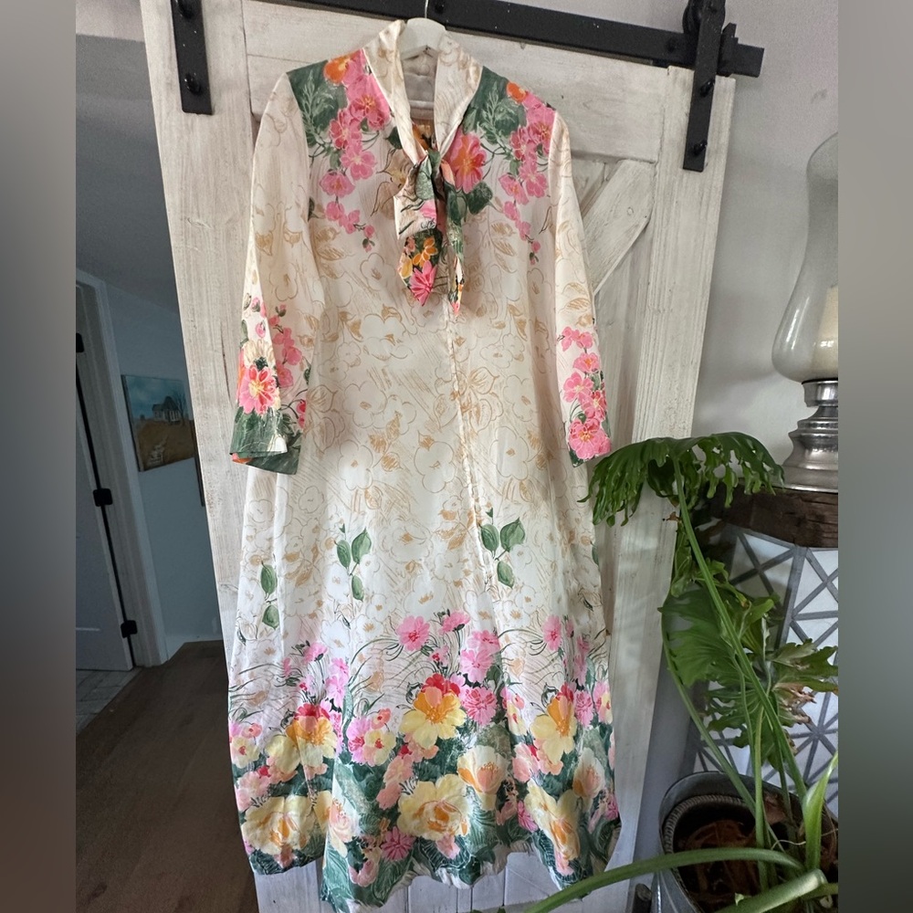 Cream Floral Maxi Dress with Tie-Neck